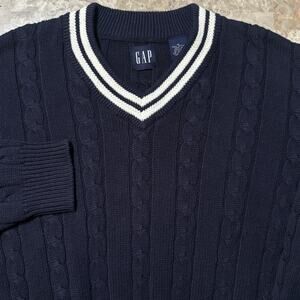 Vintage Gap Sweater Mens Medium Blue Tennis Criquet Cable Knit V Neck Preppy
